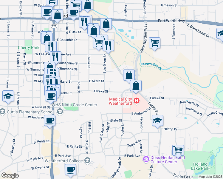 map of restaurants, bars, coffee shops, grocery stores, and more near 508 East Akard Street in Weatherford