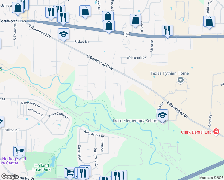 map of restaurants, bars, coffee shops, grocery stores, and more near 908 Terry Trail in Weatherford