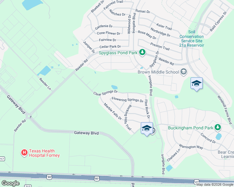 map of restaurants, bars, coffee shops, grocery stores, and more near 3111 Clear Springs Drive in Forney