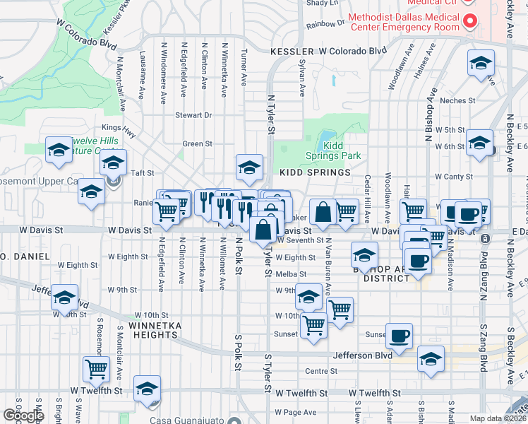 map of restaurants, bars, coffee shops, grocery stores, and more near 630 Turner Avenue in Dallas