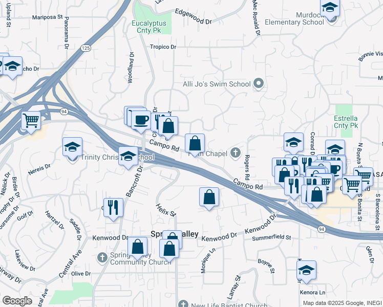 map of restaurants, bars, coffee shops, grocery stores, and more near 9288 Campo Road in Spring Valley