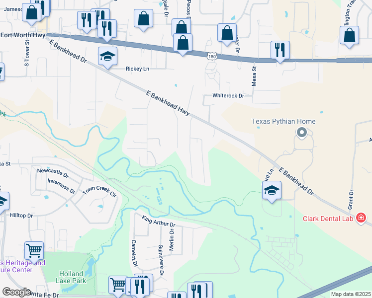 map of restaurants, bars, coffee shops, grocery stores, and more near 906 Terry Trail in Weatherford
