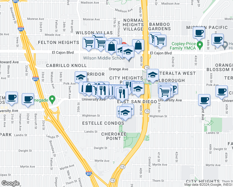map of restaurants, bars, coffee shops, grocery stores, and more near 4033 37th Street in San Diego