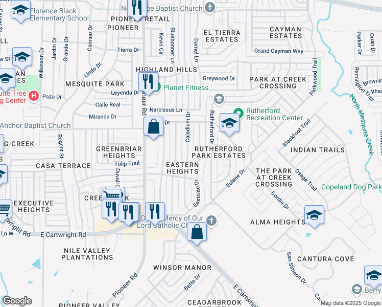 map of restaurants, bars, coffee shops, grocery stores, and more near 1237 Eastside Drive in Mesquite