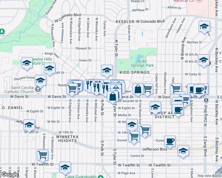 map of restaurants, bars, coffee shops, grocery stores, and more near 630 Turner Avenue in Dallas