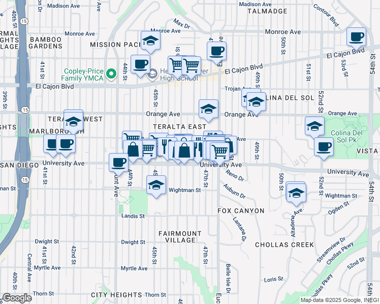 map of restaurants, bars, coffee shops, grocery stores, and more near 4048 Menlo Avenue in San Diego