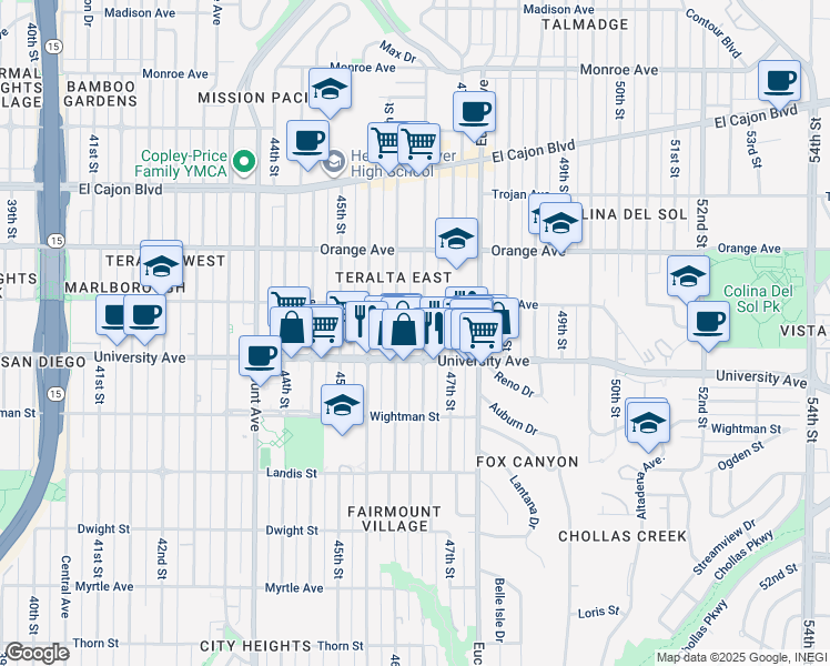 map of restaurants, bars, coffee shops, grocery stores, and more near 4048 Menlo Avenue in San Diego