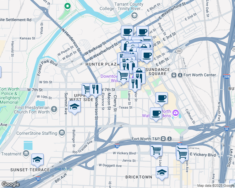 map of restaurants, bars, coffee shops, grocery stores, and more near 801 Cherry Street in Fort Worth