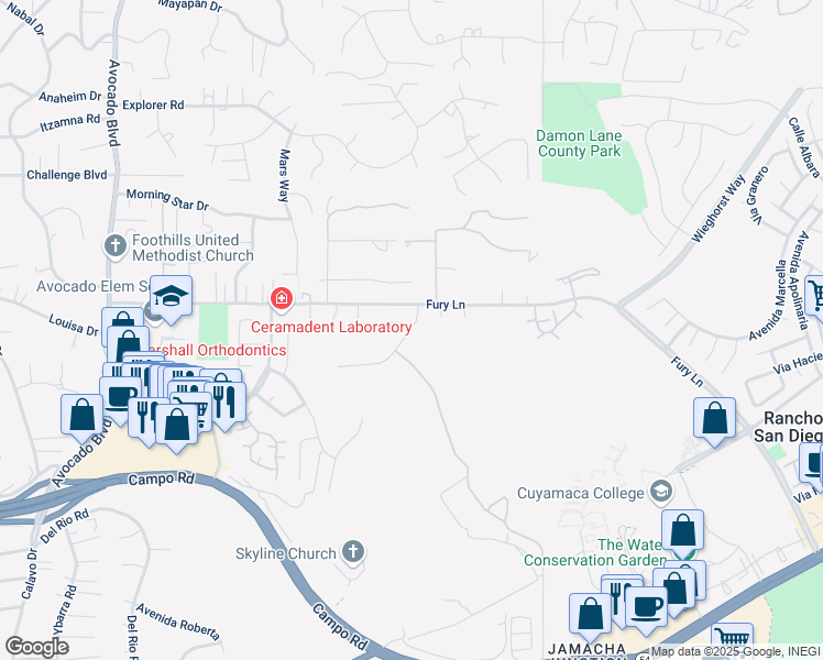 map of restaurants, bars, coffee shops, grocery stores, and more near 14451 Avenida Thomas in La Mesa