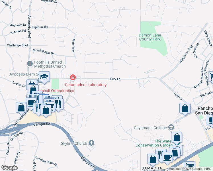 map of restaurants, bars, coffee shops, grocery stores, and more near 14450 Avenida Thomas in La Mesa