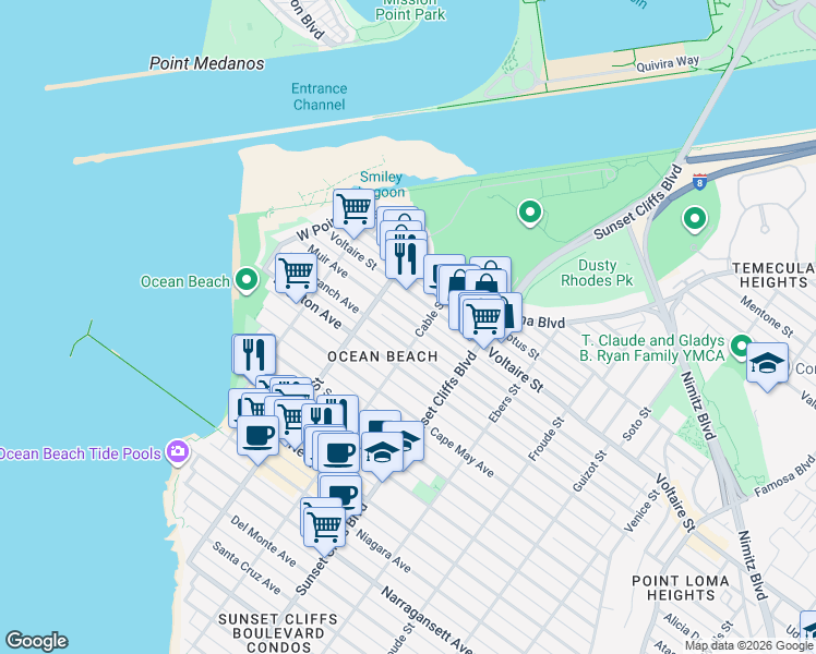 map of restaurants, bars, coffee shops, grocery stores, and more near 4942 Muir Avenue in San Diego