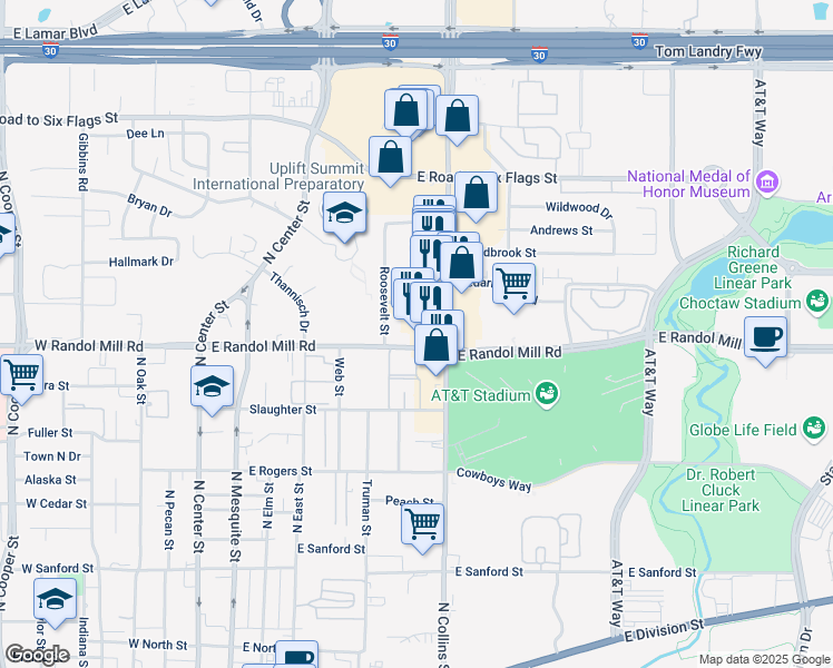 map of restaurants, bars, coffee shops, grocery stores, and more near 1020 North Collins Street in Arlington