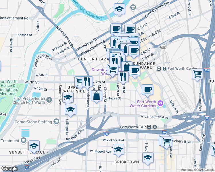 map of restaurants, bars, coffee shops, grocery stores, and more near 708 West 7th Street in Fort Worth