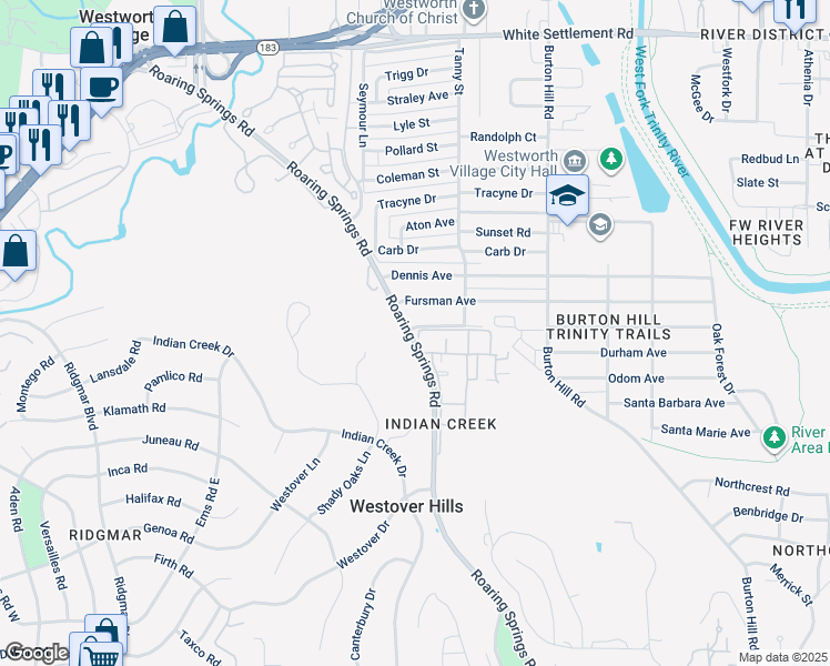 map of restaurants, bars, coffee shops, grocery stores, and more near 921 Roaring Springs Road in Fort Worth