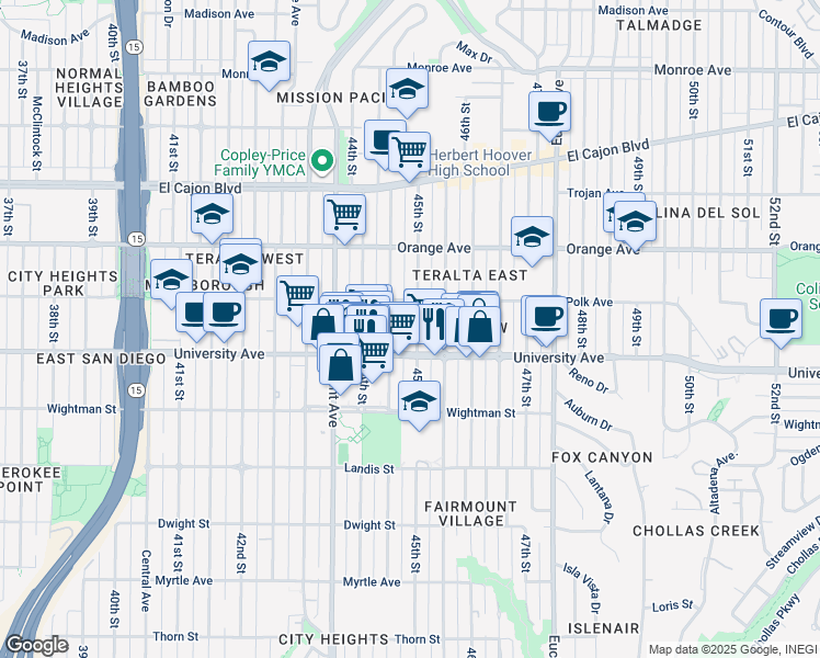 map of restaurants, bars, coffee shops, grocery stores, and more near 4079 45th Street in San Diego