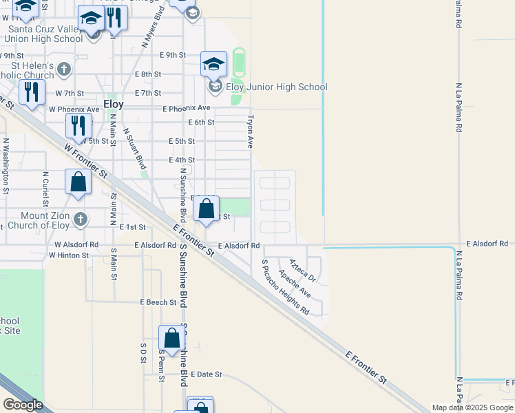 map of restaurants, bars, coffee shops, grocery stores, and more near 523 East Navajo Circle in Eloy