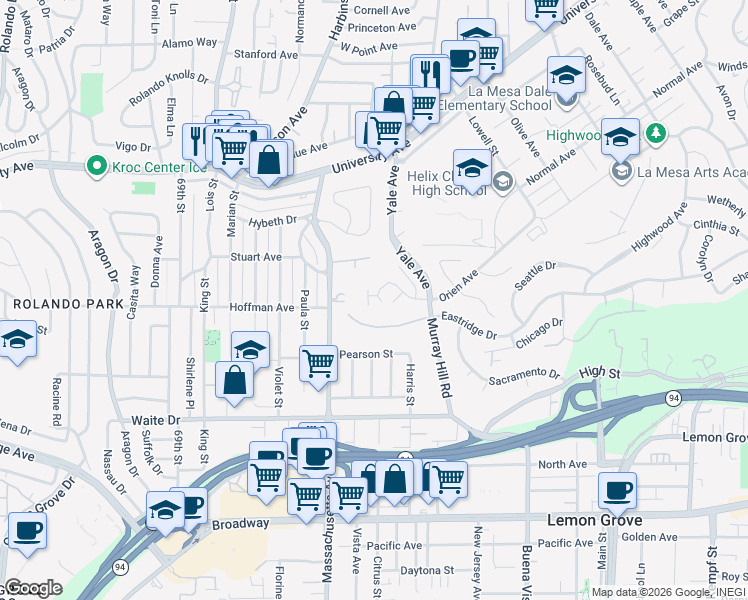 map of restaurants, bars, coffee shops, grocery stores, and more near 7320 Orien Avenue in La Mesa