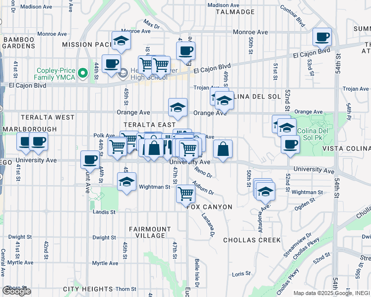 map of restaurants, bars, coffee shops, grocery stores, and more near 4073 47th Street in San Diego