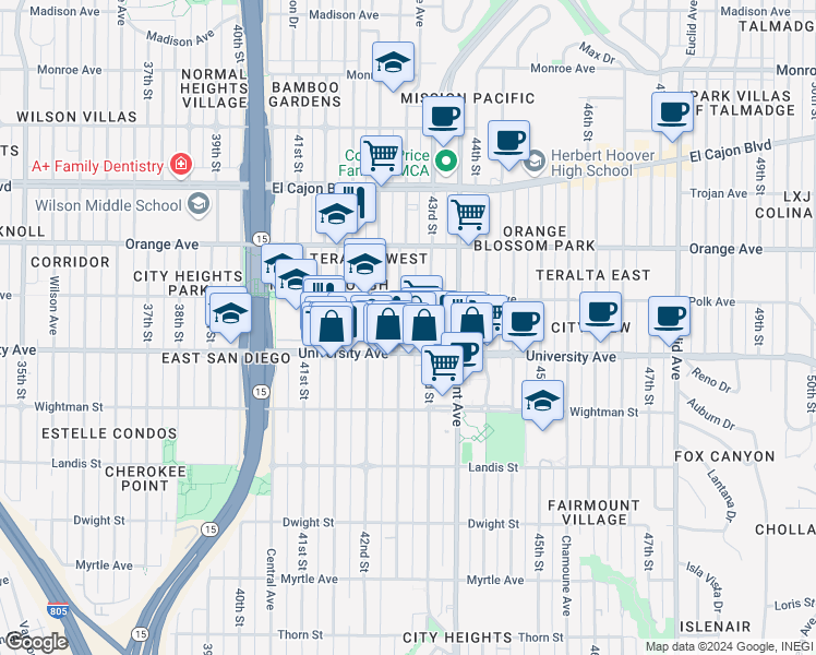 map of restaurants, bars, coffee shops, grocery stores, and more near 4070 Van Dyke Avenue in San Diego