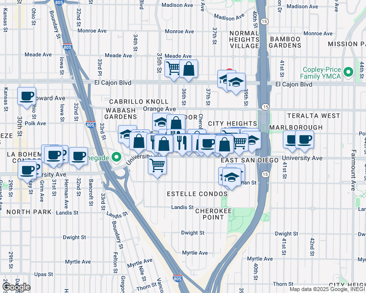 map of restaurants, bars, coffee shops, grocery stores, and more near 4073 36th Street in San Diego