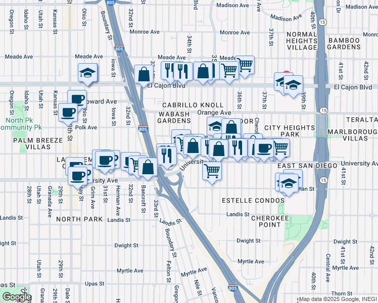 map of restaurants, bars, coffee shops, grocery stores, and more near 4064 Laverne Place in San Diego