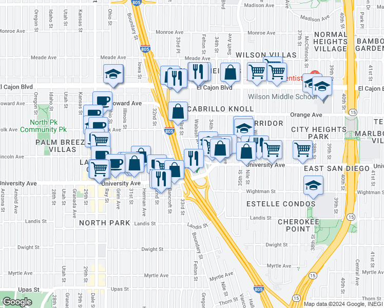 map of restaurants, bars, coffee shops, grocery stores, and more near 4048 Wabash Avenue in San Diego