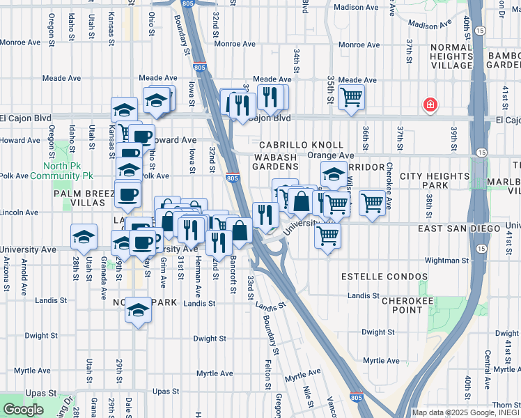 map of restaurants, bars, coffee shops, grocery stores, and more near 4035 33rd Street in San Diego