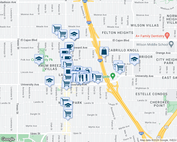 map of restaurants, bars, coffee shops, grocery stores, and more near 4033 Iowa Street in San Diego