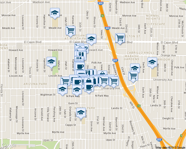 map of restaurants, bars, coffee shops, grocery stores, and more near 4031 Illinois Street in San Diego