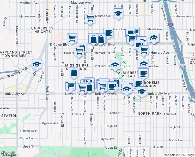 map of restaurants, bars, coffee shops, grocery stores, and more near 4036 Arizona Street in San Diego
