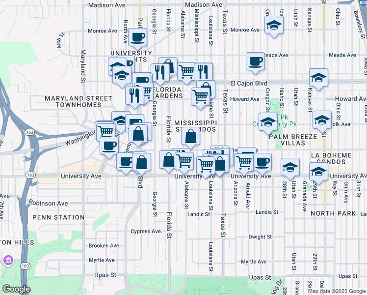 map of restaurants, bars, coffee shops, grocery stores, and more near 4025 Alabama Street in San Diego