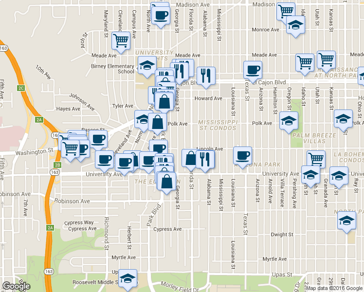 map of restaurants, bars, coffee shops, grocery stores, and more near 4034 Florida Street in San Diego