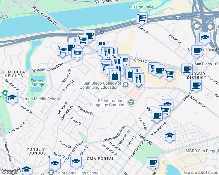 map of restaurants, bars, coffee shops, grocery stores, and more near 3645 Midway Drive in San Diego