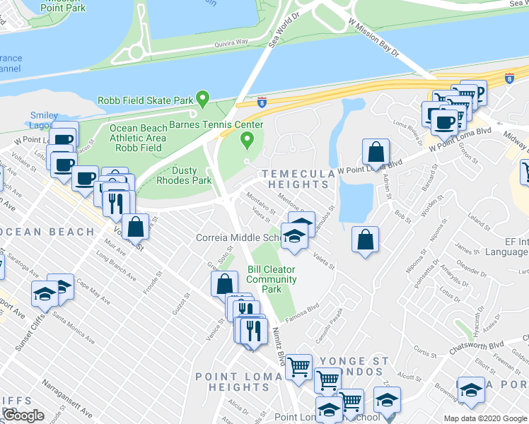 map of restaurants, bars, coffee shops, grocery stores, and more near 4453 Montalvo Street in San Diego