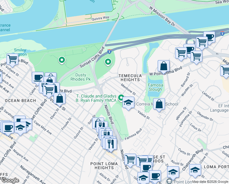 map of restaurants, bars, coffee shops, grocery stores, and more near 4453 Montalvo Street in San Diego