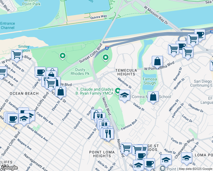 map of restaurants, bars, coffee shops, grocery stores, and more near 4453 Montalvo Street in San Diego
