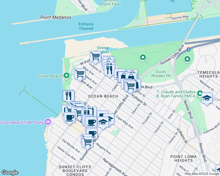 map of restaurants, bars, coffee shops, grocery stores, and more near 4942 Muir Avenue in San Diego