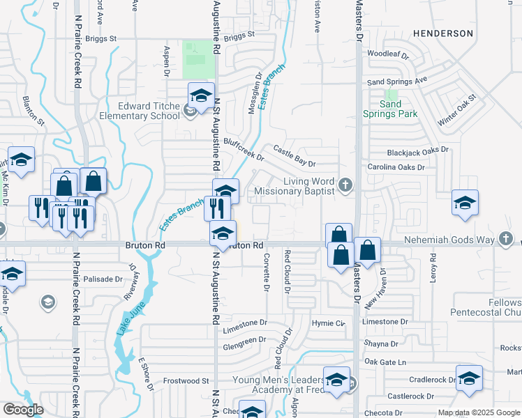 map of restaurants, bars, coffee shops, grocery stores, and more near 9797 Bruton Road in Dallas