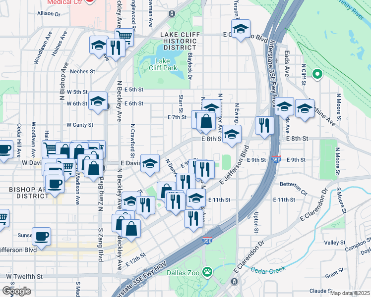 map of restaurants, bars, coffee shops, grocery stores, and more near 300 Starr Street in Dallas