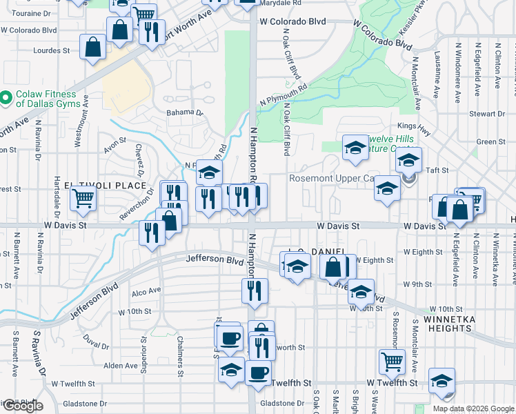 map of restaurants, bars, coffee shops, grocery stores, and more near 638 North Hampton Road in Dallas