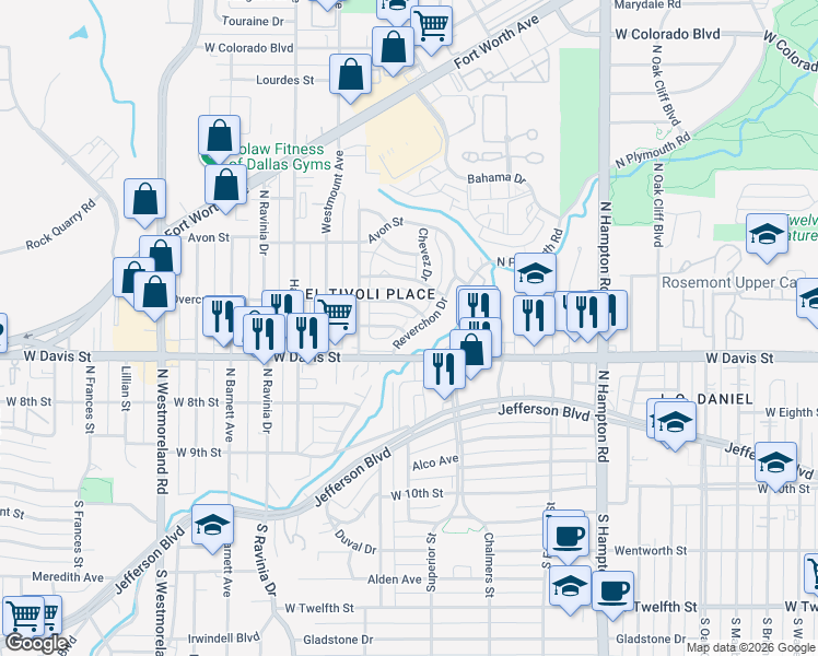 map of restaurants, bars, coffee shops, grocery stores, and more near 2714 Overcrest Street in Dallas
