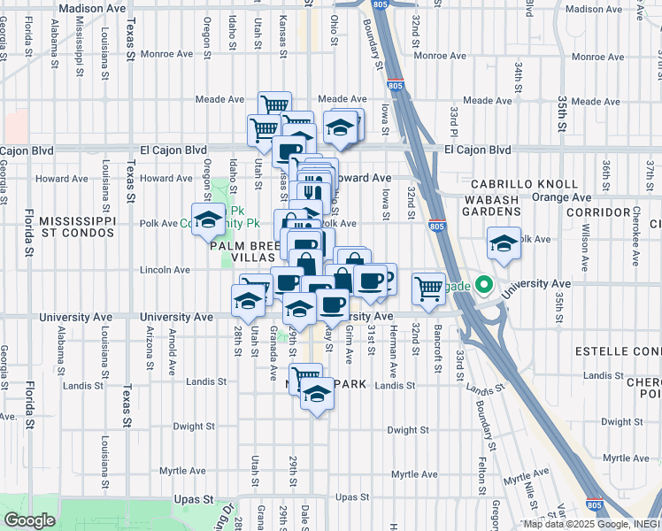 map of restaurants, bars, coffee shops, grocery stores, and more near 4004 Ohio Street in San Diego