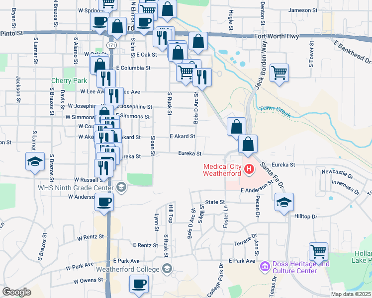 map of restaurants, bars, coffee shops, grocery stores, and more near 415 Eureka Street in Weatherford