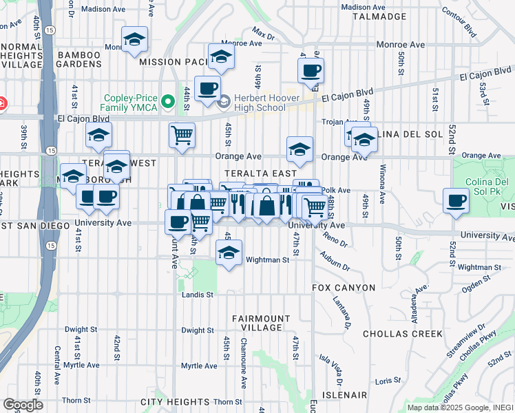 map of restaurants, bars, coffee shops, grocery stores, and more near 4070 46th Street in San Diego