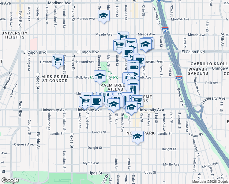 map of restaurants, bars, coffee shops, grocery stores, and more near 2836 Lincoln Avenue in San Diego