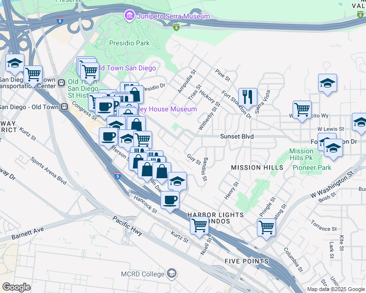 map of restaurants, bars, coffee shops, grocery stores, and more near 2215 Juan Street in San Diego