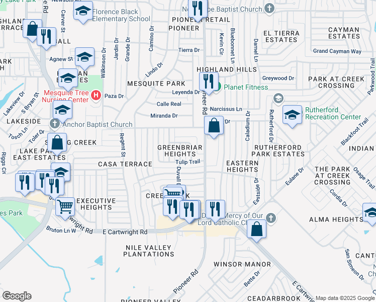 map of restaurants, bars, coffee shops, grocery stores, and more near 1301 Wisteria Way in Mesquite
