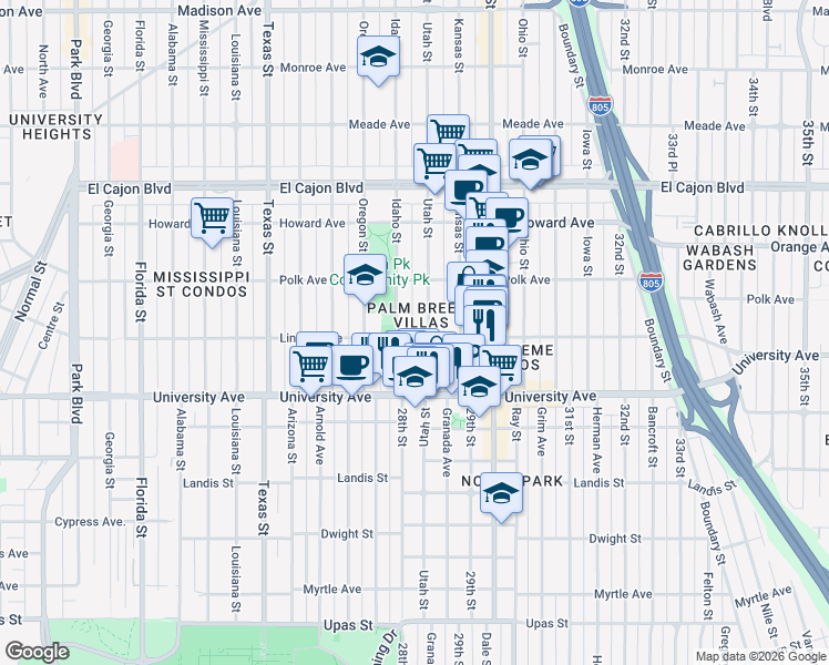 map of restaurants, bars, coffee shops, grocery stores, and more near 2828 Lincoln Avenue in San Diego