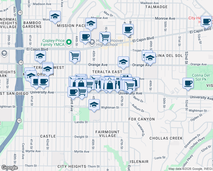 map of restaurants, bars, coffee shops, grocery stores, and more near 4050 46th Street in San Diego