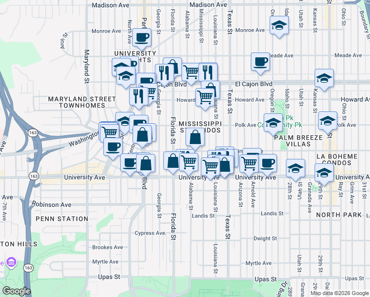 map of restaurants, bars, coffee shops, grocery stores, and more near 4004 Alabama Street in San Diego